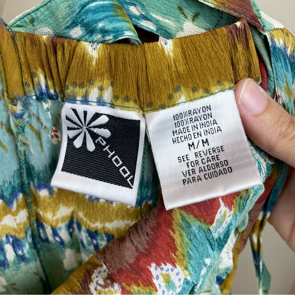 Phool Green Blue Brown Geometric Bohemian Button Front Boho Dress Women Medium - Picture 2 of 9